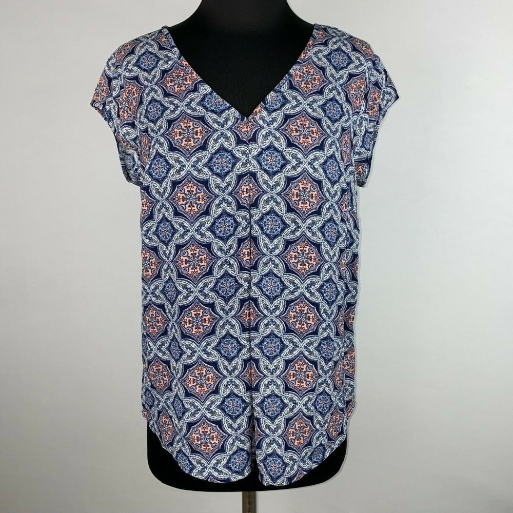 DR2 Daniel Rainn S Patterned Inverted Front V Pleat Blouse Cut Out Back Accent
